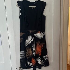 Elegant Black Midi Dress with Orange & White Brush Print NWT US XL